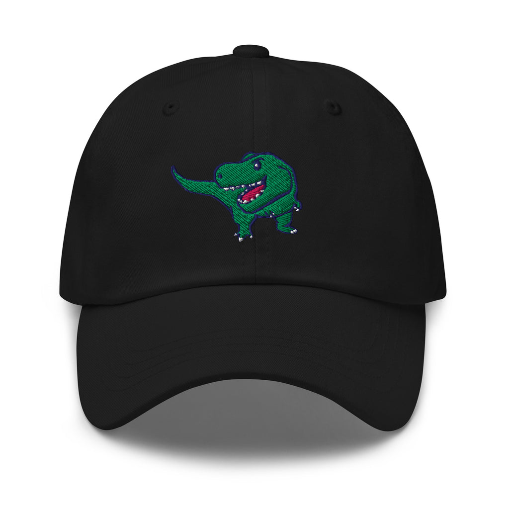 Black cap with a green dinosaur embroidery 