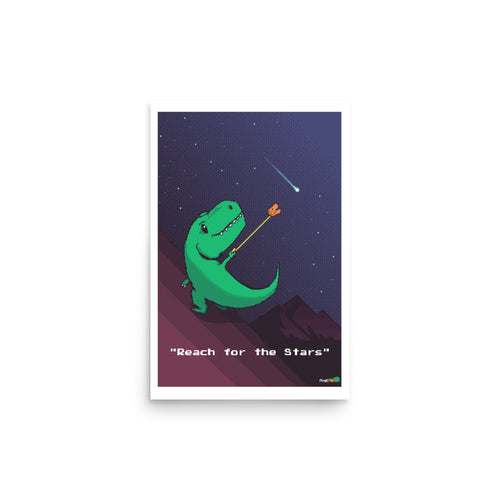 Poster with a green dinosaur holding an arrow, aiming at a star, with 'Reach for the Stars' text on a white background.