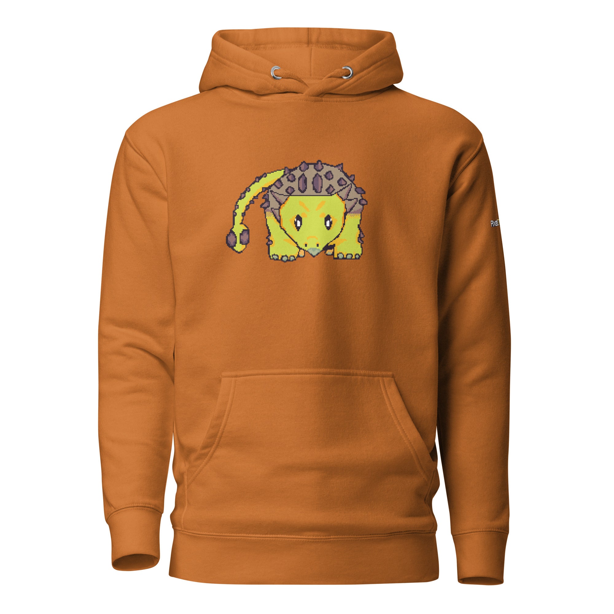 Orange hoodie with a dinosaur graphic 