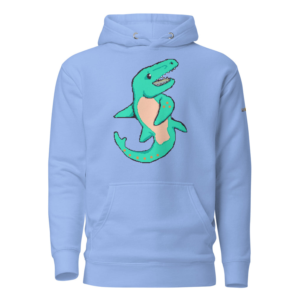 Light blue hoodie with a teal dinosaur mosasaur graphic 