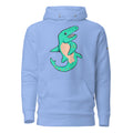Light blue hoodie with a teal dinosaur mosasaur graphic 
