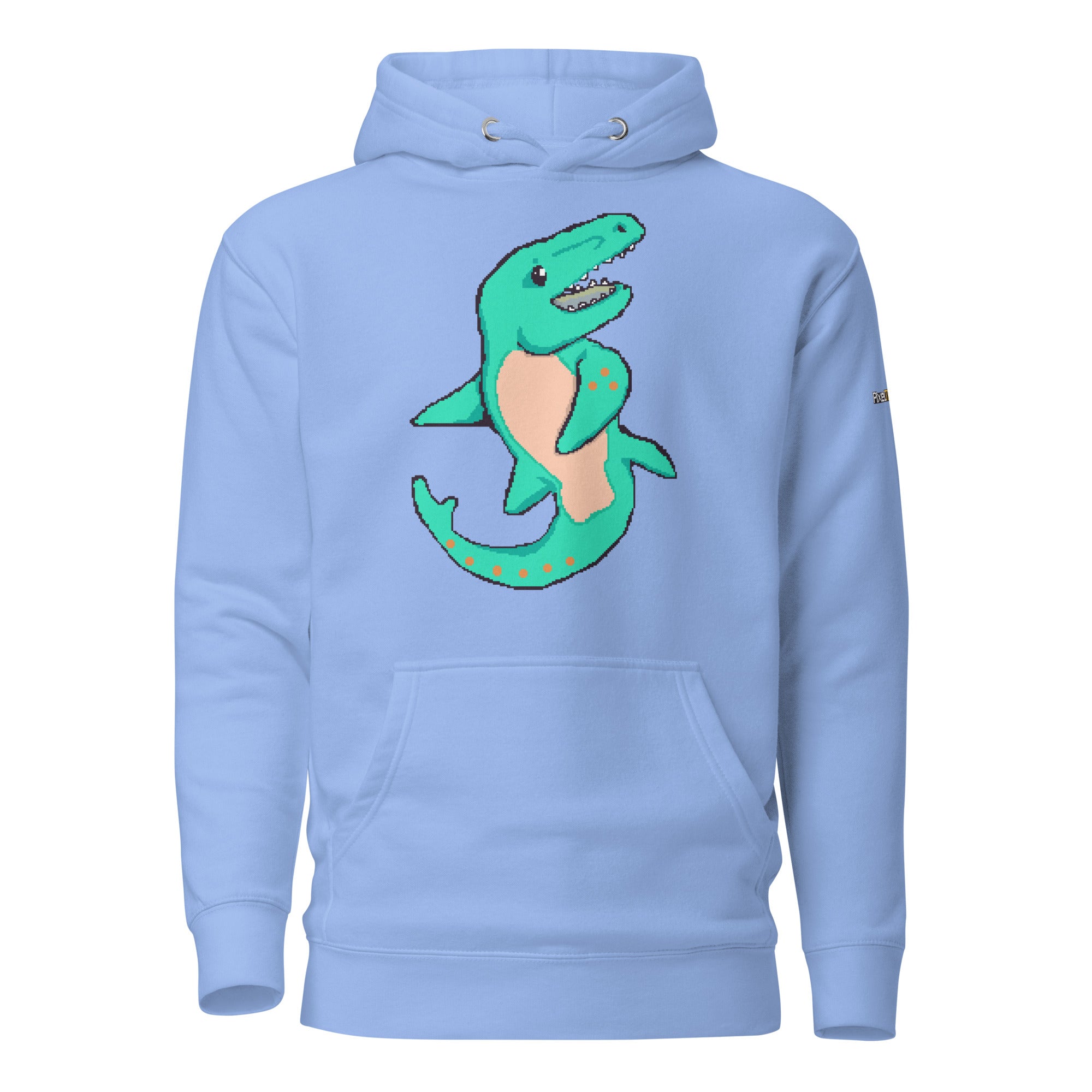 Light blue hoodie with a teal dinosaur mosasaur graphic 