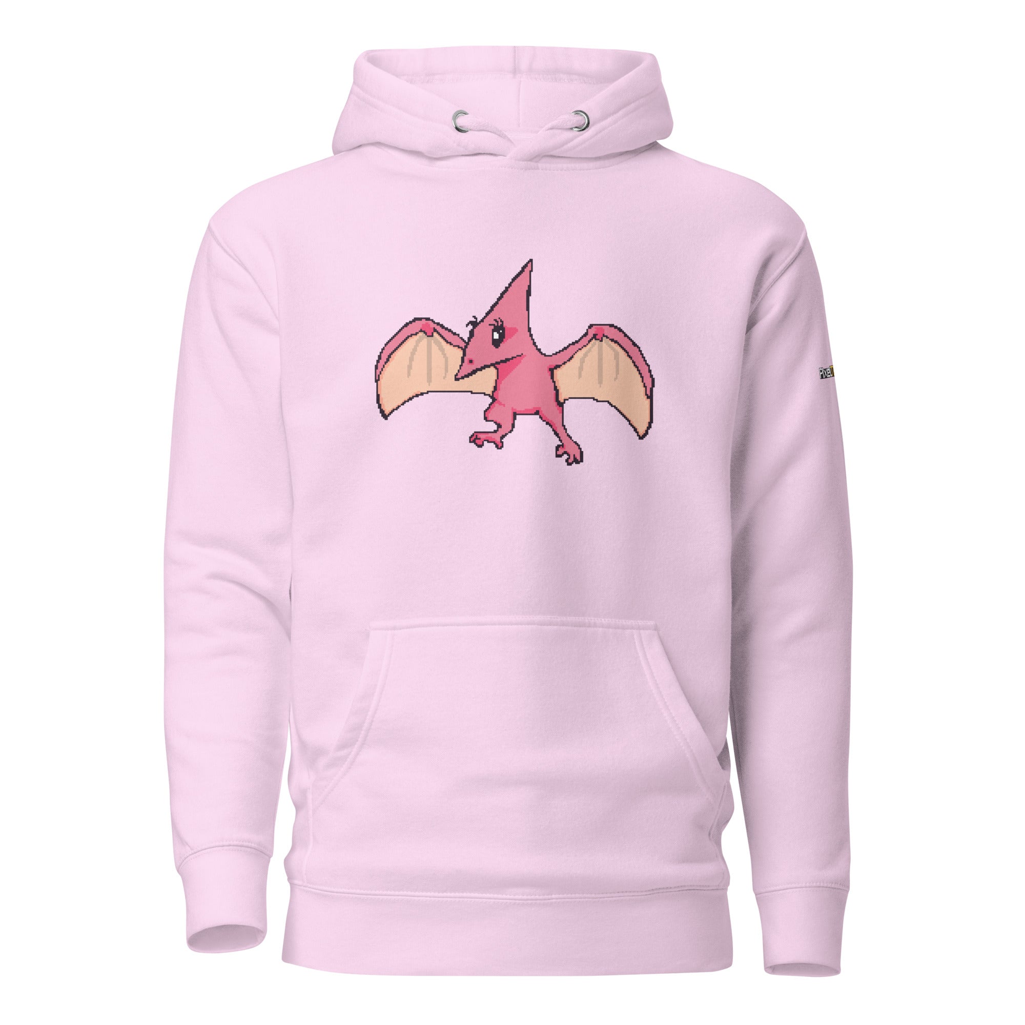 Pink hoodie with a cartoon dinosaur on a white background