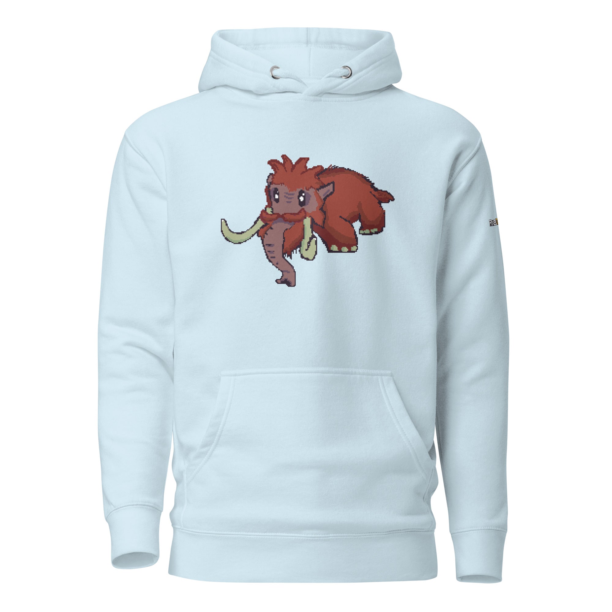 Light blue hoodie with a cartoon mammoth design 