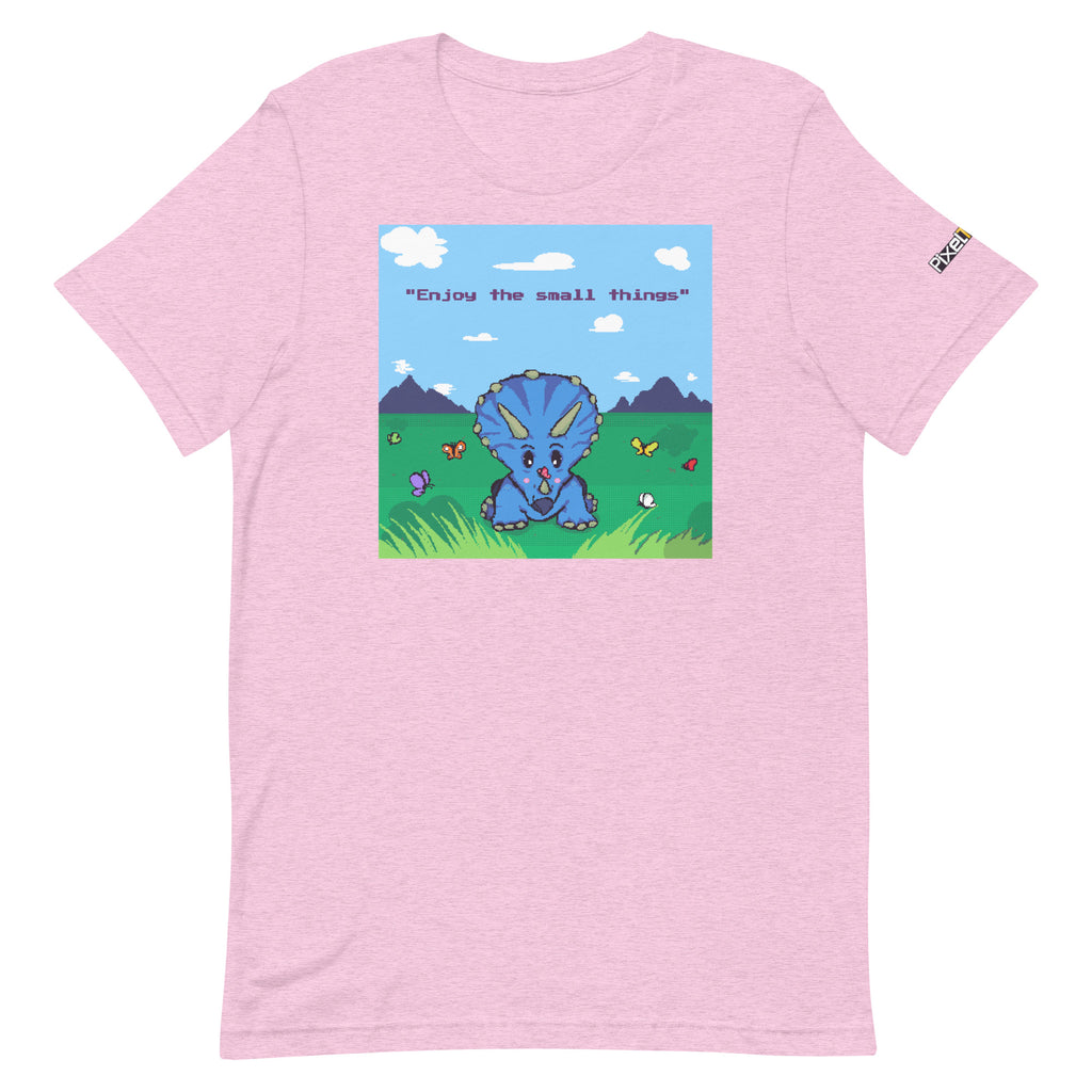 Pink t-shirt with a cartoon dinosaur graphic and text on scenic background