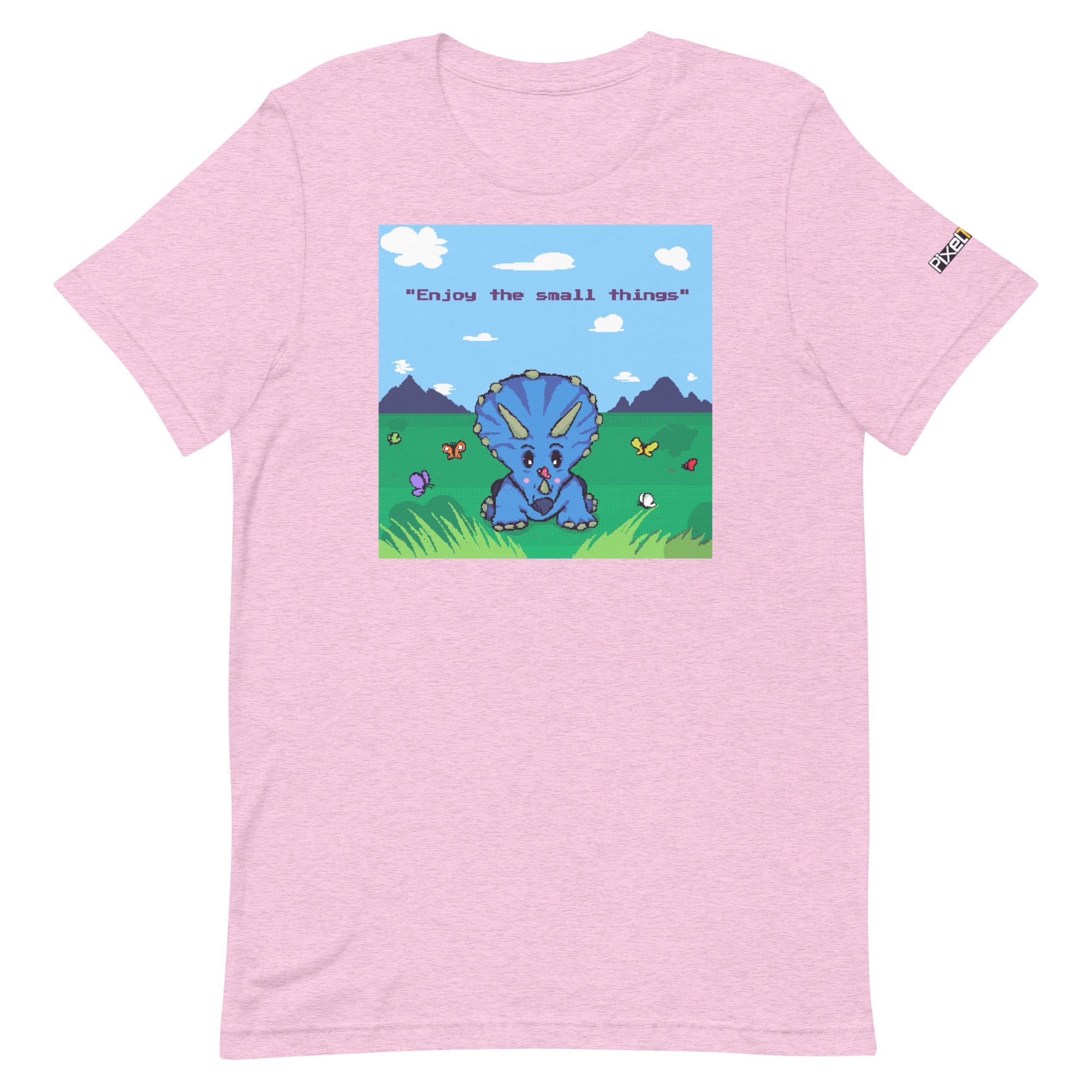 Pink t-shirt with a cartoon dinosaur graphic and text on scenic background