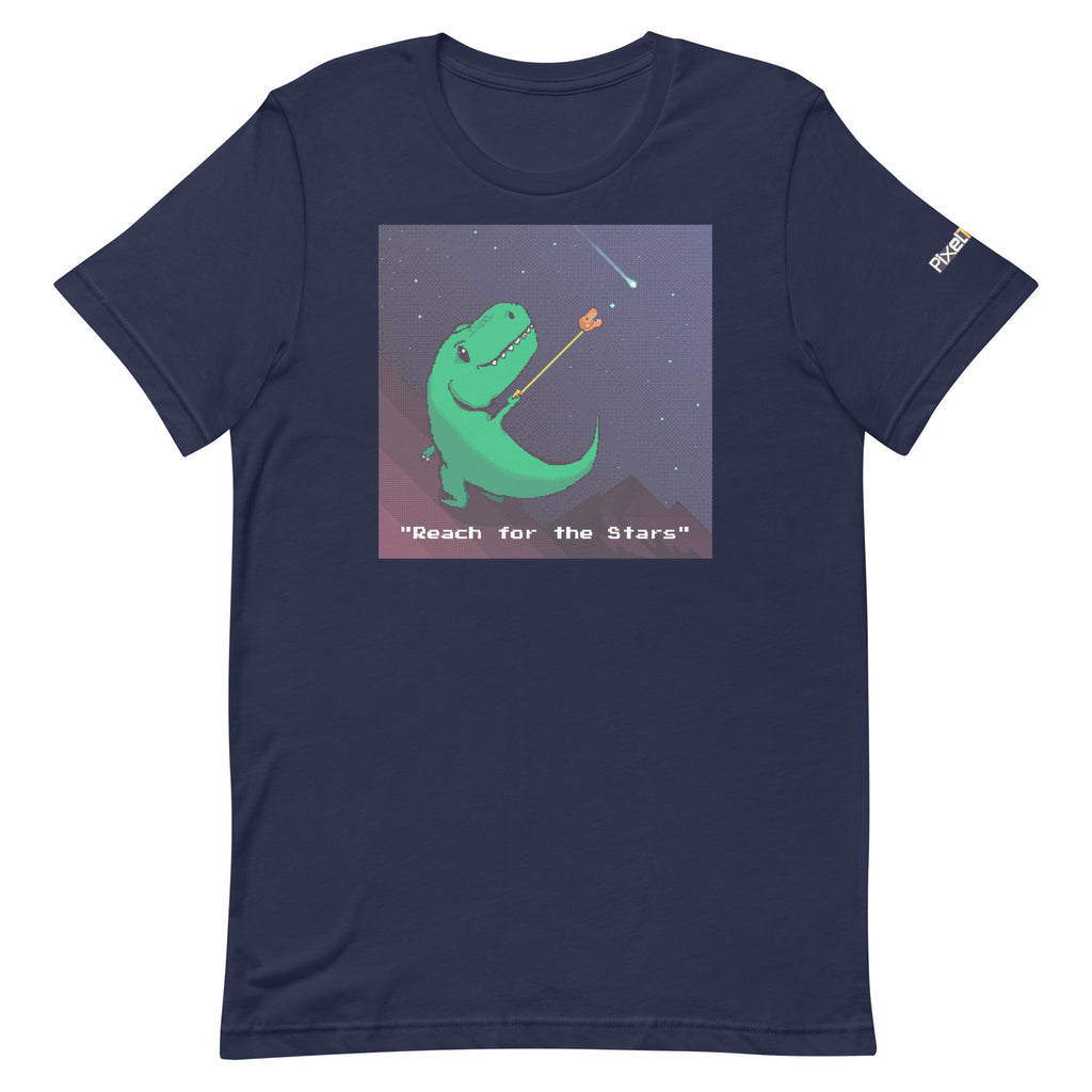 Navy blue t-shirt with a green dinosaur graphic and 'Reach for the Stars' text 