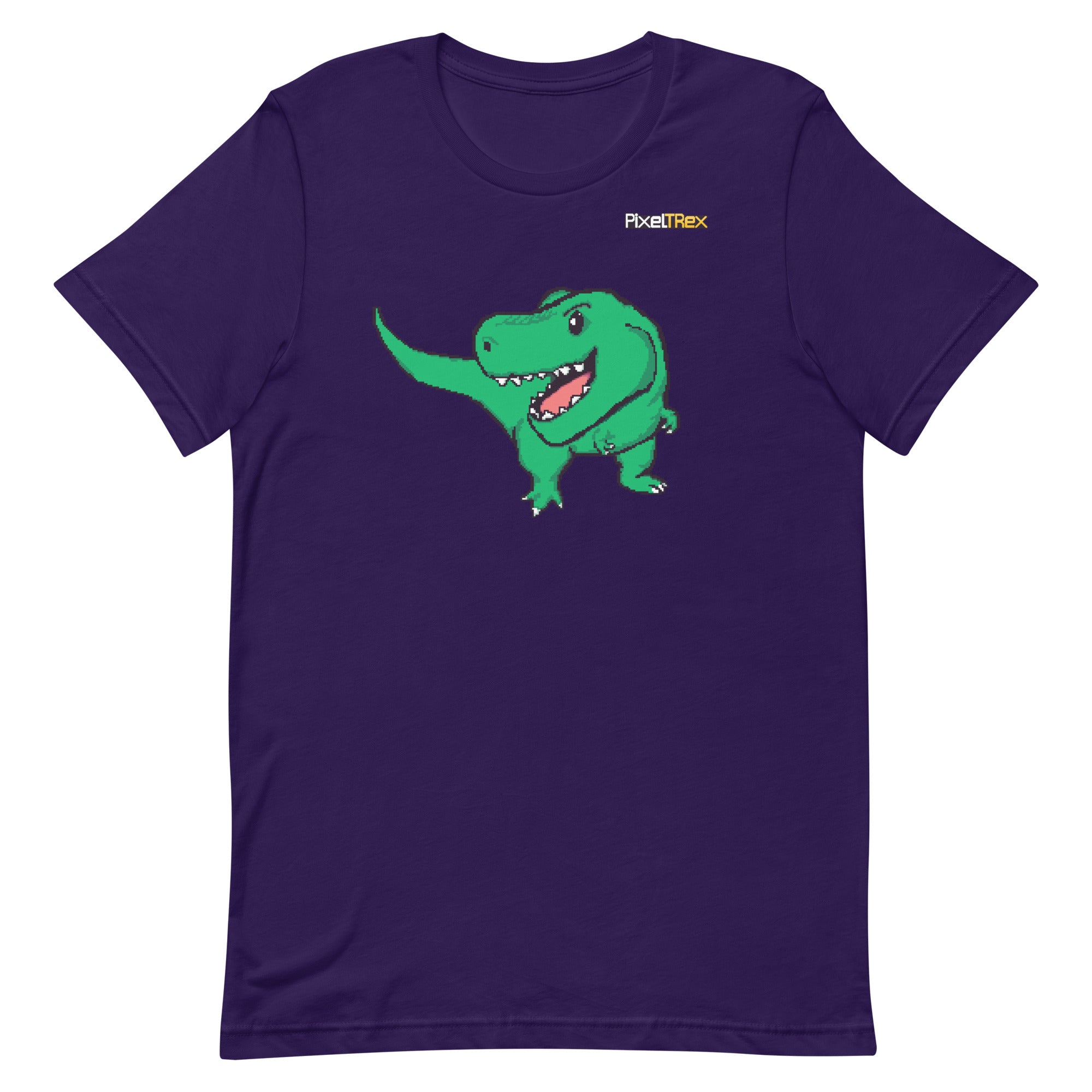 Purple t-shirt with a green dinosaur graphic and 'PixelTrex' logo 