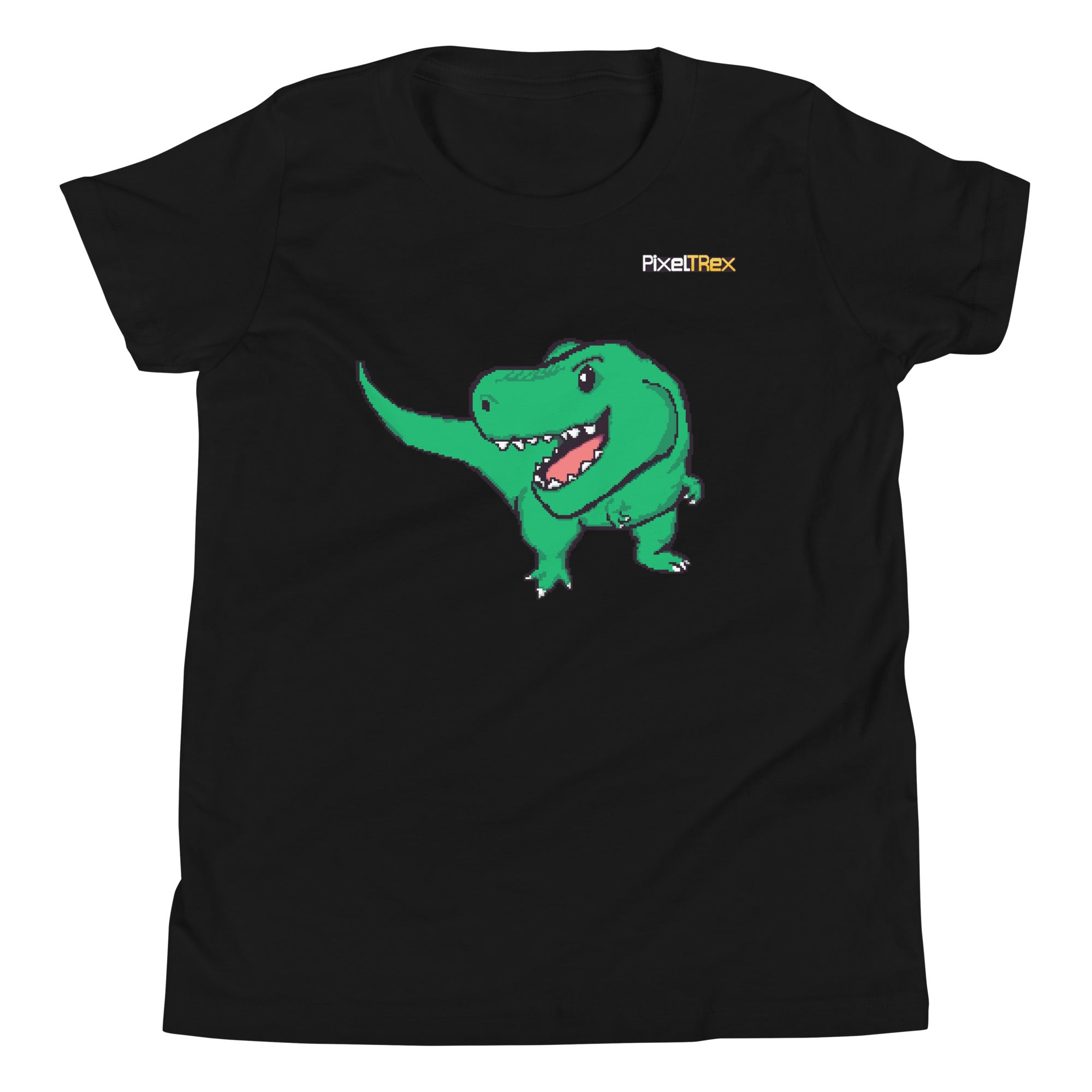 Black t-shirt with a green dinosaur graphic and 'PixelRex' logo 