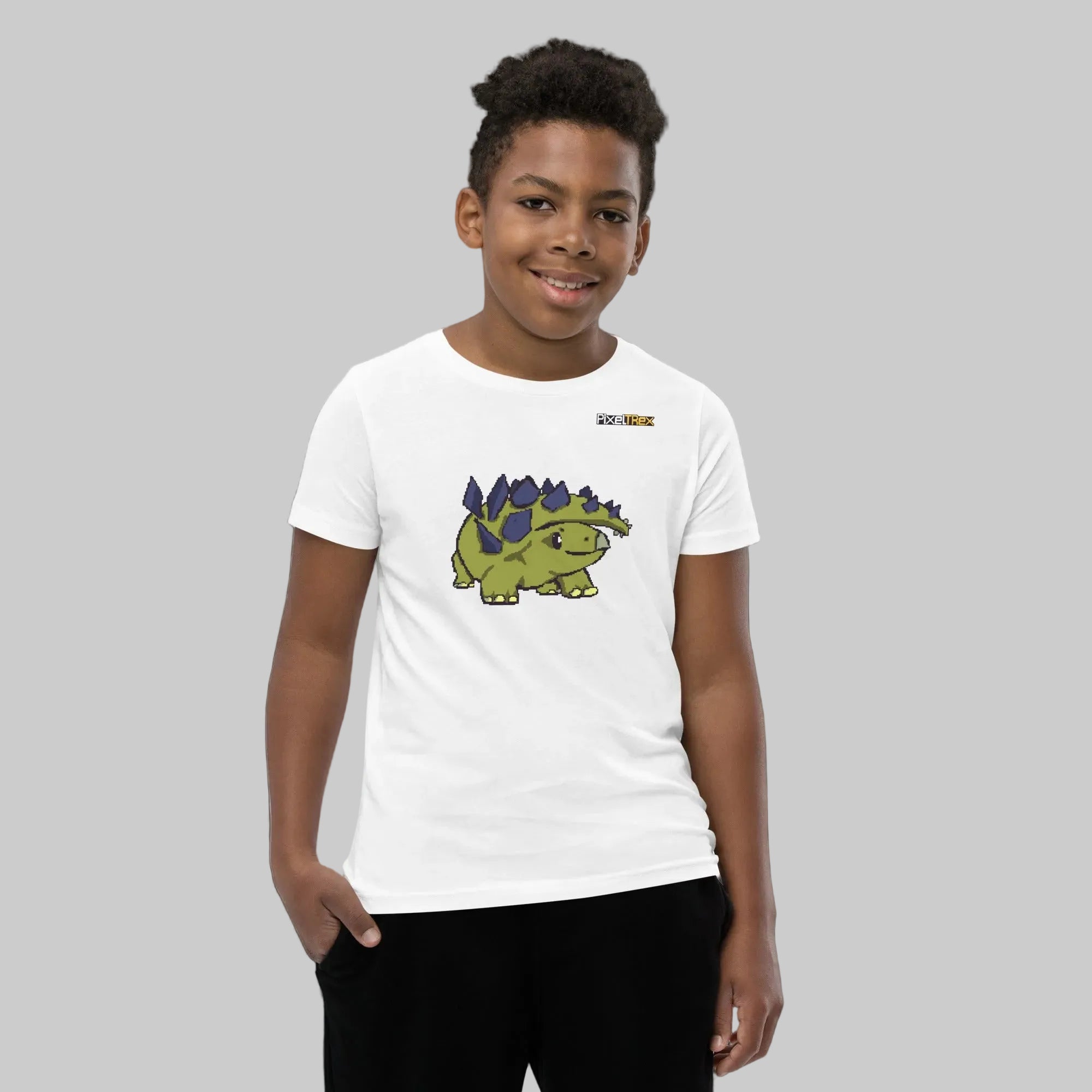 PixelTRex™ – Stego the Stegosaurus Pixel Dinosaur Youth T-Shirt