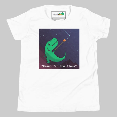 White t-shirt with a green dinosaur graphic and 'Reach for the Stars' text